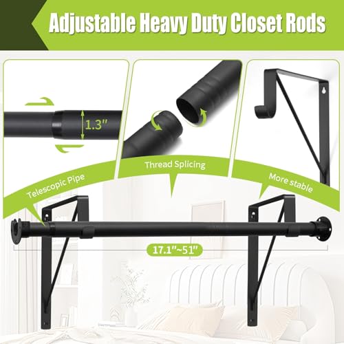 Anndason Closet Rod, 17 to 51 Inch Clothes Rods 1.3 Inches Heavy Duty Adjustable Closet Pole for Hanging Clothes and Heavy Duty Hanging Clothes Rod Bracket Closet Pole Support (Black) by Anndason - Used condition - Image 5