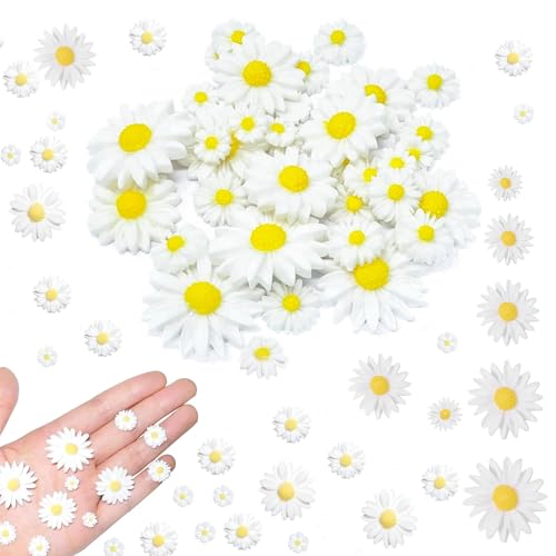 KHDULQ Lot de 50 Mini Marguerite Decoration,Marguerites Plates en RéSine,Marguerite Artificielle, pour Bricolage,DéCoration de FêTe,Cadeau...