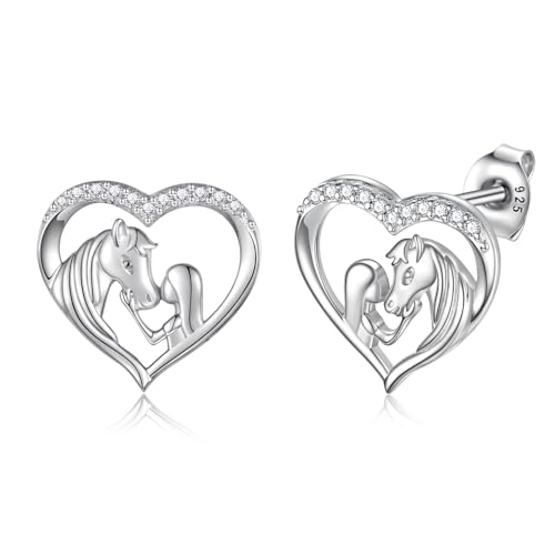 Hypoallergenic Lucky Horse Stud Earrings 925 Sterling Silver Lucky Horse in Heart earrings Embrace Horse earrings Equestrian Birthday Gift