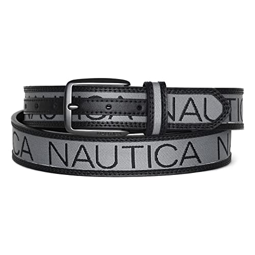 Nautica Men's Signature Leather and Canvas Belt | Ribbon Detail | Flag Design | Classic | Casual | Metal Buckle