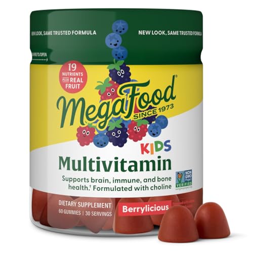 MegaFood Kids Multivitamin Gummies - Kids Vitamins - Age 4+ with Vitamin C Vitamin D Zinc Choline and Real Fruit - Brain & Immune Support - Berrylicious Flavor - 60 Gummies (30 Servings)
