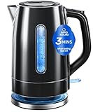 AUSELECT Electric Kettle - 1.7L Stainless Steel Kettle Black, 2200W Quick Boil Kettles with Boil-Dry & Overheat Protection, 3-Min Fast Boiling Hot Water Boiler for Tea, Coffee, Kitchen & Home