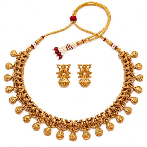 Image of Gold-Plated Antique Temple Jewellery Set for Women - Traditional Necklace with Large Peacock Pendant & Matching Jhumka Earrings | Ethnic Festive & Bridal Wear Set with Ruby & Emerald Accents
