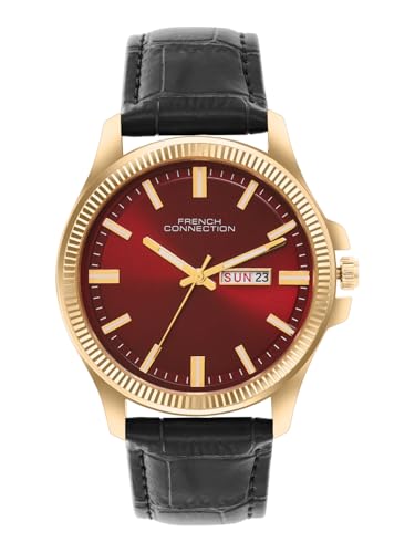 Image of French Connection Sunray Maroon Round Dial with Black Leather Strap Watch for Mens - FCN0121BL