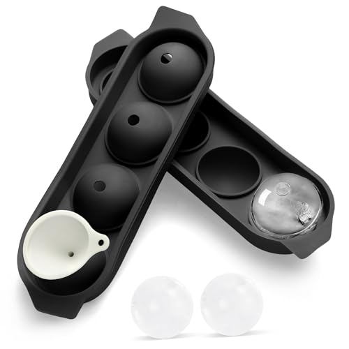 Cubiteras para Hielo, 4 Redondo Silicona Cubitera Moldes con Tapa, 4.5cm Grande Cubitera Silicona Ice Cube Tray para Cerveza Cócteles Whisky Vino Frutas Puré de Frutas - Negro