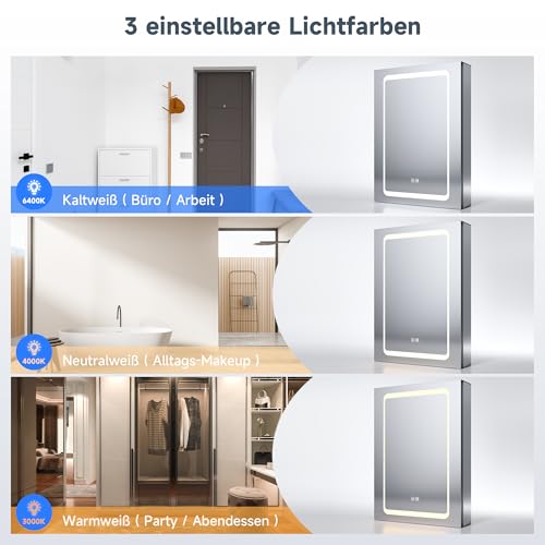 SONNI szafka łazienkowa z lustrem LED i gniazdem 70 x 50 cm, szafka z lustrem z aluminium z przełącznikiem dotykowym, 3 kolory światła + Defogging, bezprzewodowe zawiasy, szafka do łazienki, szafka