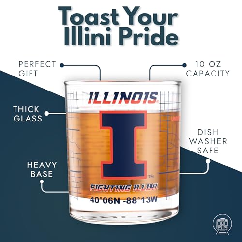 Image of Greenline Goods - University of Illinois Fighting Illini College Whiskey Glasses (Set of 2), 10 oz - Full-Color Logo + Campus Map