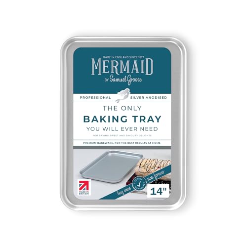 Mermaid 14" Silver Anodised Baking Tray – Non Toxic Professional Heavy Duty Aluminium Oven Tray, Naturally Non Stick Baking Sheet, Silver Anodised Bakeware - Made in England by Samuel Groves