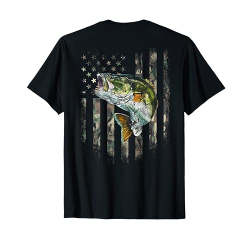 (Art on Back) American Flag Camo Bass Fish Fishing T-Shirt