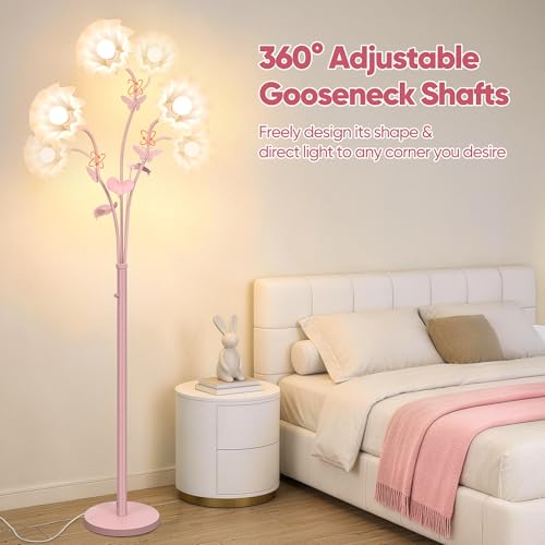 Image of TOBUSA Flower Floor Lamp for Bedroom, 3-Light Vintage Pink Standing Lamp with Flexible Gooseneck, 75'' Tall Retro Floral Stand Up Lamp for Living Room, Modern Unique Cute Flower Corner Lamp for Girl