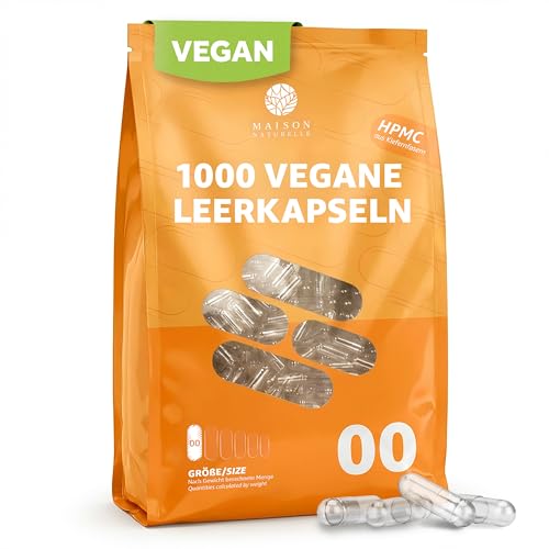 MAISON NATURELLE® Vegane Leerkapseln (1000 Stück) – leere Kapseln zum Befüllen transparent, aus HPMC Kieferfaser hergestellt - Leere Kapsel für den Kapselfüller, Kapselhüllen (00)