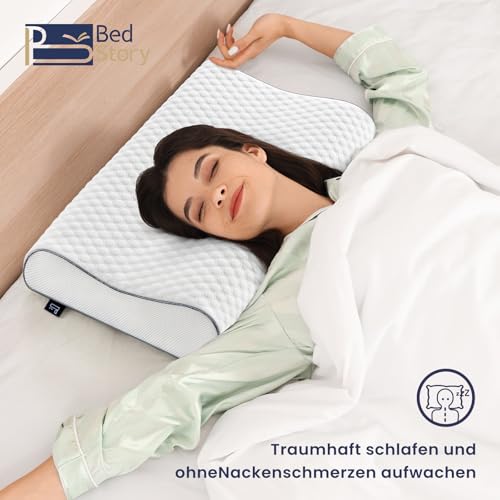 BedStory Memory Foam Kissen Kopfkissen, Höheneinstellbares Nackenstützkissen, Ergonomisches Kopfkissen, Seitenschläferkissen für Rücken & Bauchschläfer (60x36x12/10 cm)
