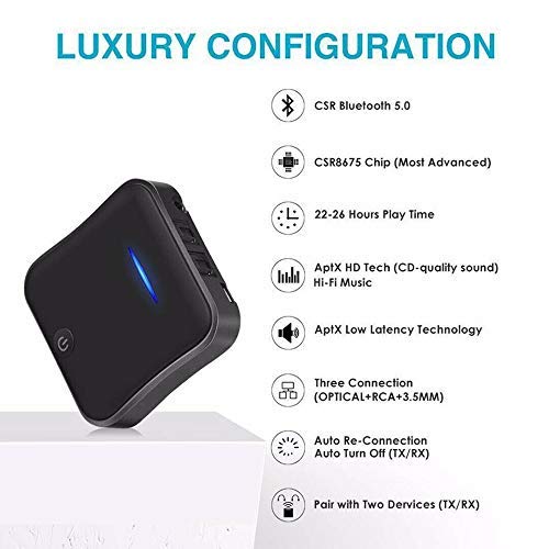 2-in-1 Bluetooth 5.0 Transmitter Receiver Adapter AptX Low Latency Bluetooth Audio Transmitter for TV PC (Optical Digital Toslink,3.5mm Aux,RCA,PC USB) 32ft Range, Dual Link, No Audio Delay