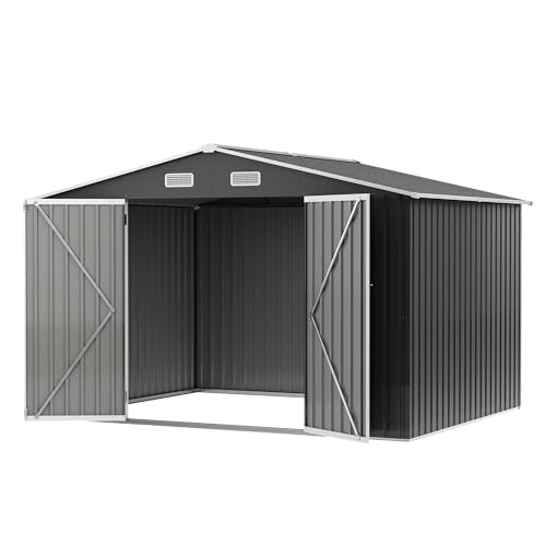 Image of UDPATIO 10X8 FT Outdoor Storage Shed, Metal Shed for Patio&Garden,Grey | All-Weather,Sloping Roof,Lockable Door,Air Vent,Upgraded Full-Frame Structure,Patio,Lawn,Garden,Backyard,Bicycle,Tool,Bicycle