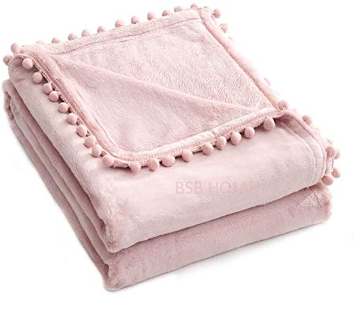 Image of BSB HOME Micro Mink All Season Solid 250 GSM Throw Size Blanket /Comforter /Dohar /Throw, Ultra Soft Cozy Blanket with Pompom Fringe (Pink, 150X115 cm)