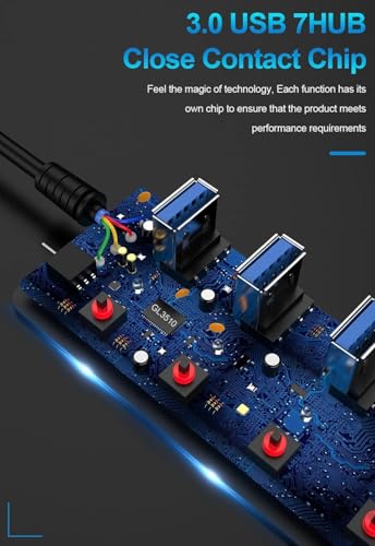 Image of USB Hub 3.0 - 7-Port High-Speed USB Splitter with Individual On /Off Switches, LED Lights, USB Extension for Laptop, PC, Mobile HDD - Plug & Play Data Hub (No Power Adapter)