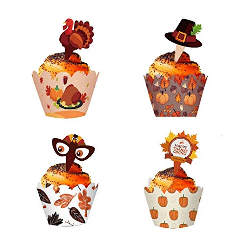 Mortime 48 Pcs Thanksgiving Cupcake Toppers & Wrappers, Thanksgiving Themed Turkey Hat Sign Various Styles Of Harvest Day Cupcake Party Decorations #TOP20