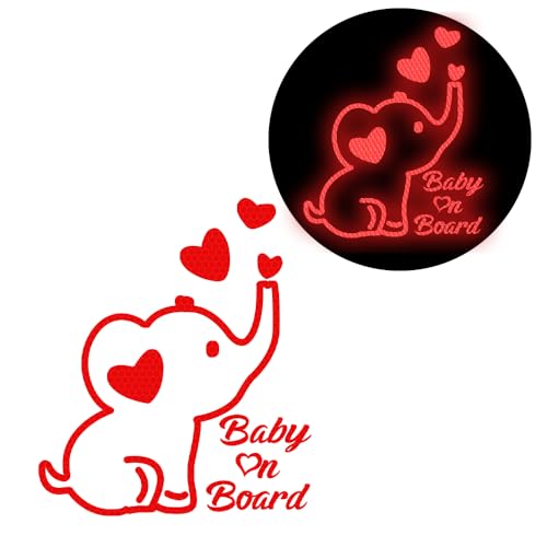 Image of High Intensity Reflective Baby on Board Car Decal Cartoon Cute Elephant Kids on Board Car Sticker Waterproof Safety Warning Decal Baby in Car Sticker (Red)