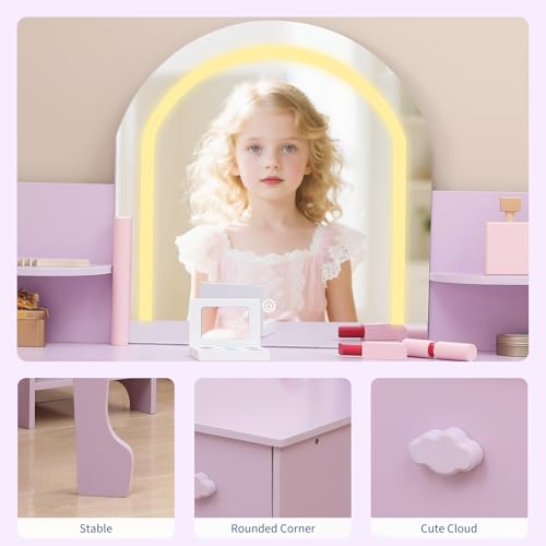 Garvee Kids Vanity with Lighted Mirror & Stool, Little Girls Vanity with Adjustable LED Light, Bookshelf, Storage Drawer & Shelves for Girls 3-9, Purple