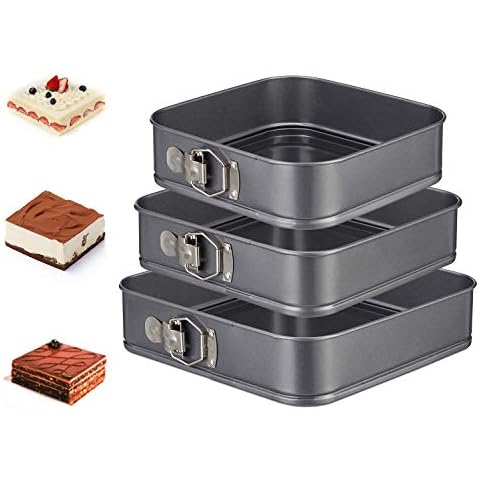 DMAIPUK Cake Tin Set, 3 Pcs/Set Baking Tools, 9 Inch 10 Inch 11 Inch Non-Stick Leakproof Springform Square Cake Pan with Removable Bottom Cake Tins for Baking Cover
