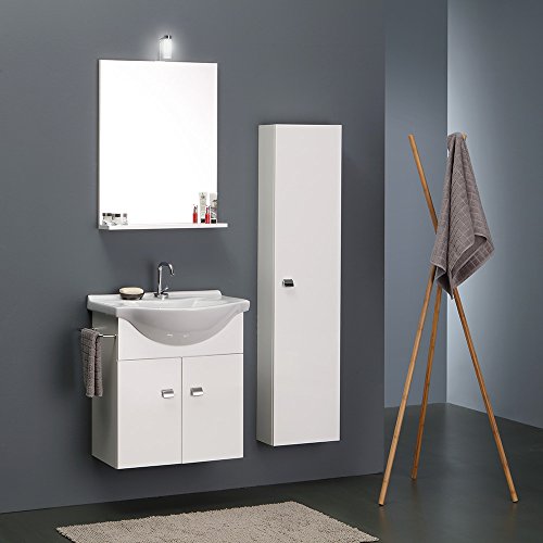 Kiamami Valentina - Mobile Sospeso da Bagno 56,5 CM con Colonna Bianca inclusa | Lavabo in Ceramica | Specchio Incluso | 4 Ripiani Vetro, 1 Legno | Maniglione Portasciugamani Cromato, Bianco