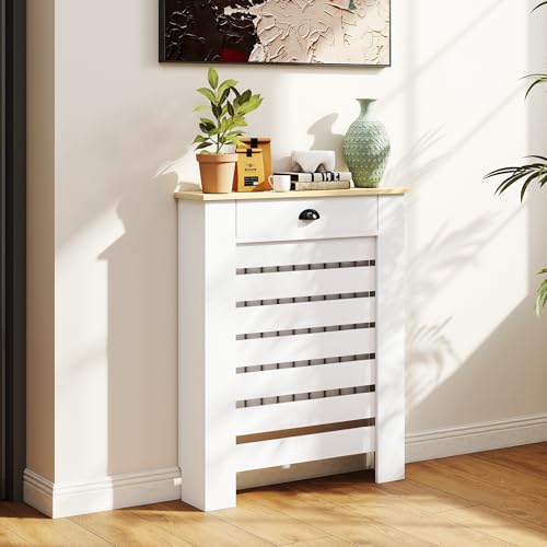 HOMCOM Cubre Radiadores con Cajón, Cubreradiador de MDF, 78x19x95,5 cm, Cubierta para Radiador, Diseño Moderno de Listones, para Salón, Dormitorio, Blanco
