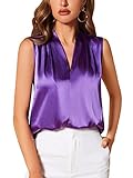 WDIRARA Women's Deep V Neck Sleeveless Satin Blouse Elegant Tank Top Purple S