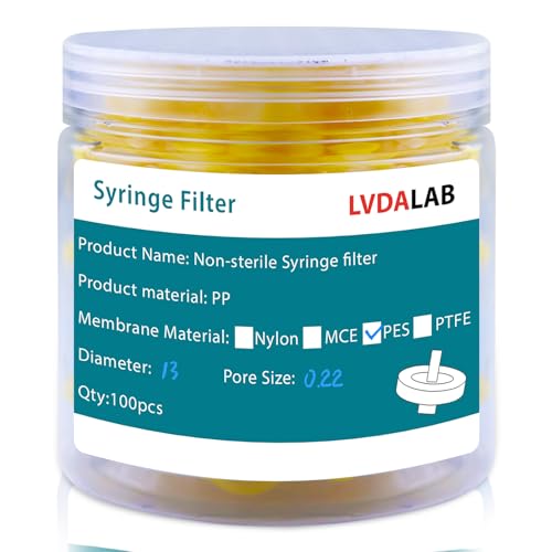 Image of 100 PCS Syringe Filter PES Membrane Filters, 13mm Diameter 0.22m Pore Size, Hydrophilic Syringe Lab Filters, Non Sterile, Yellow