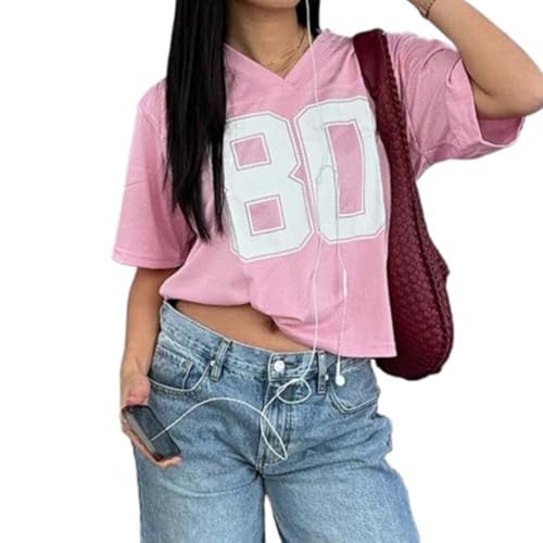 Oversized Number Letter Graphic Mesh T-Shirt for Women Vintage V-Neck Jersey Tops Y2k Short Sleeve Football Tee