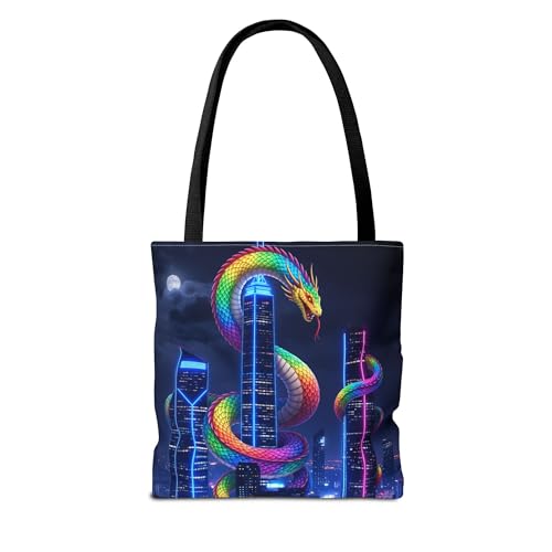 Premium Tote Bag with Reinforced Stitching - A Rainbow Serpent Climbing Neon Skyscrapers2