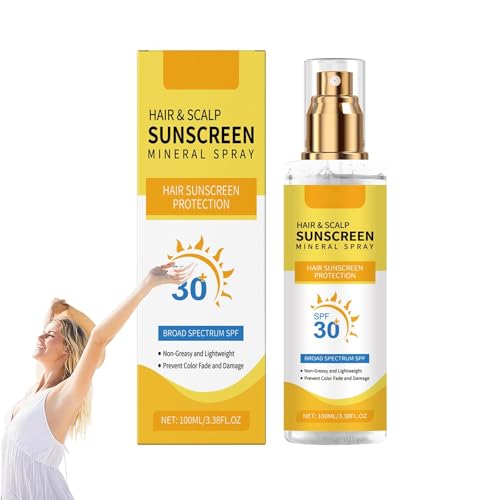 Spray protector solar para el cabello y el cuero cabelludo SPF 30, mantiene la vitalidad y la humedad del cabello, ligero, mineral premium protección solar aerosol, no graso coco enriquecido cuero