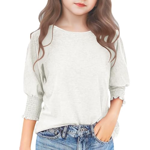 Girls' 3/4 Sleeve Ruffle Crewneck Tunic Shirts Smocked Cuff Summer BohoCute Tops Loose Fit Casual Dressy Basic Blouse Tee - Main Image