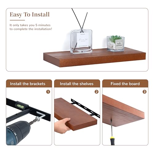 Image of Marsmiles Wood Floating Shelves | Rustic Mahogany Wood Wall Shelves Set of 2 | 16 inch W x 6.7 inch D Wooden Floating Shelves for Bathroom Kitchen Living Room Bedroom