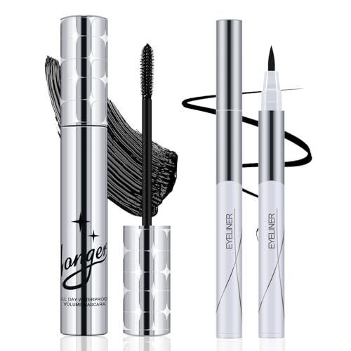 Apooliy Duo aus schwarzer Wimperntusche und flüssigem Eyeliner,Wasserfest, wischfest, All-Day Wear Eye Makeup Set für kühne, Dramatische Augen（2Stück）