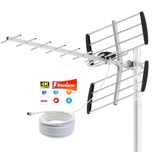 Antena TDT Exterior para Smart TV – Recepción Estable UHF/VHF, Compatible DVB-T2, HD 4K/1080P, Fácil Instalación, Resistente al Clima, Cable Coaxial de 10 m Incluido, Mástil No Incluido (Negro)