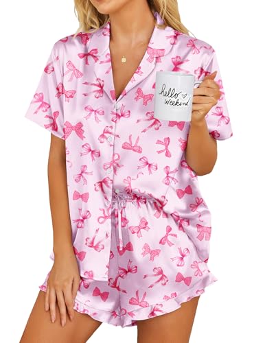 Image of Ekouaer Womens Satin Pajamas Set Button Down 2 Piece Silk Pjs Shorts Set Ruffle Lingerie Notch Collar Sleepwear