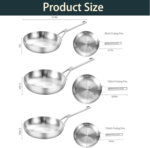 Yeksum 3 Ply Stainless Steel Pan Set, 8" 10" 12", Fast & Even Heating, Up to 650F, Oven & Dishwasher Safe, Compatible with All Cooktops - Image 3
