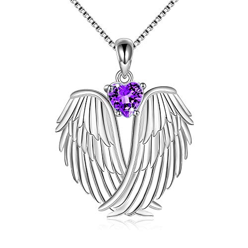 Image of YFN Angel Wings Necklace 925 Sterling Silver Guardian Angel Wings Pendant Necklace Birthstone Necklace for Women Girls Christmas Jewelry Gifts