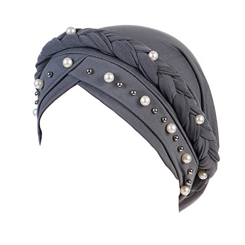 Women Pearl Pre Tied Turban Muslim Bonnet Vintage Head Scarves Headwear for Chemo Patient with Hair Loss Adjustable