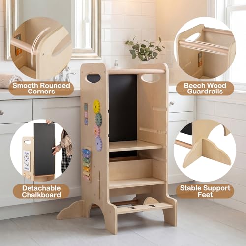 Image of Costzon Toddler Step Stool, 3-Level Adjustable Height Wooden Kids Standing Tower w /Detachable Chalkboard, Montessori Games, Slide, Safety Rails, Highchair for Aged 3+ Boys, Girls (Light Wood)