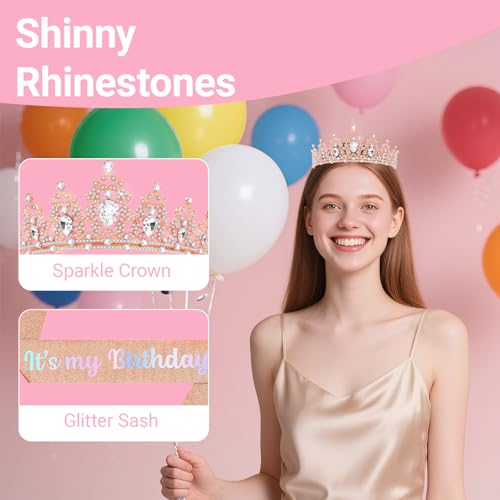 Birthday Tiara and Crown with Sash, Birthday Tiara for Women Party (Rose)