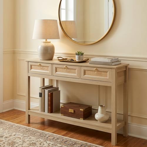 Image of Console Table for Entryway, 3 Drawers Console Table with Storage, Brown Wooden Console Table with Real Rattan & Gold Handles, Modern Console Tables for Living Room Decor, Bedroom, Hallway | DIY