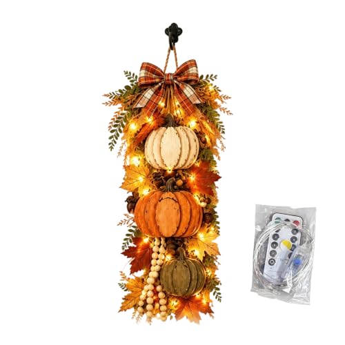 NAMTYQX Rustic Wooden Pumpkin Door Hanging with Warm LED Lights