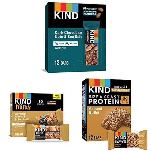 Bundle of KIND Bars, Dark Chocolate Nuts and Sea Salt, Healthy Snacks, 12 Count + KIND Minis, Caramel Almond & Sea Salt, (Pack of 10) + KIND Breakfast Bars, Almond Butter, Gluten Free (6 Count) - image 1