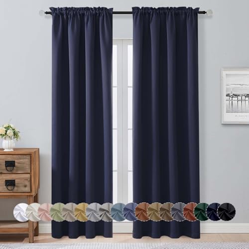 Image of Aiyufeng Navy Blue Blackout Curtains for Bedroom 90 Inches Long 2 Panels Set, Solid Privacy Energy Saving Living Room Window Treatment Curtains Blackout Drapes, W40 x L90 Inch, Navy Blue