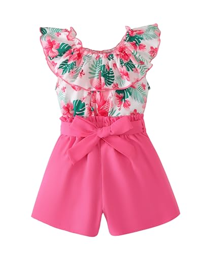 YOURUIKEY Girls Summer Clothes 2 Pieces Ruffle Shirts And Floral Belt Short Sets Cute Hawaiian Clothes For Girl 9-10 Girls Hawaii Rose Red Outfits
