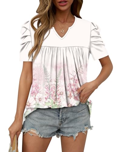 KISSMODA Tops for Womens Summer Cute Short Sleeve Shirts Trendy Notched Neck Blouses Casual Loose Pleated Tunics S-3Xl