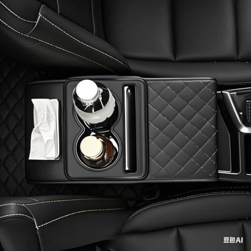 Image of Car Armrest Cushion for SUV with Cup Holder 2.75 inchHeight,5-in-1 Center Console Cover with 2 Storage Bags, Tissue Box Slot, Phone Slot for Sedans, Car Accessories Interior Organizers (Black)