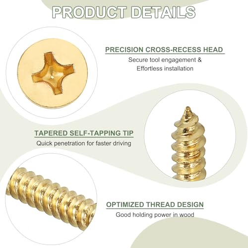 Tornillos de madera de latón autorroscantes, M6 x 40 mm, cabeza plana con cruz para bisagras de puertas, electrónica y muebles (paquete de 25, tono dorado) miniatura 3