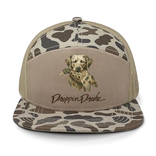 Droppin Drake 7 Panel Mesh Back Trucker Hat - Hunting Dog Carrying Duck Design, Old's Cool Slough & Balsa